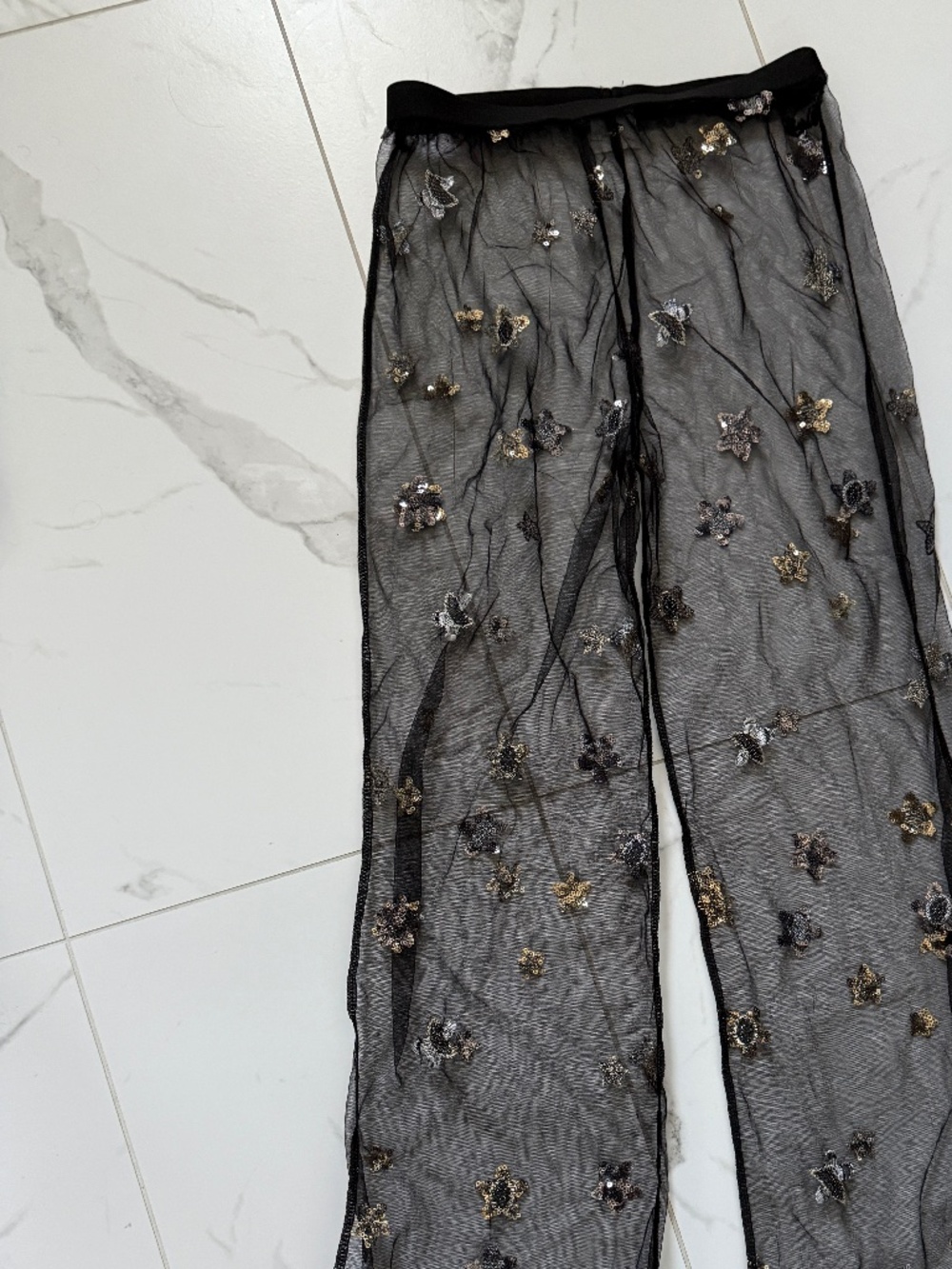 Black Mesh Sequin Star Wide Leg Pants - XS